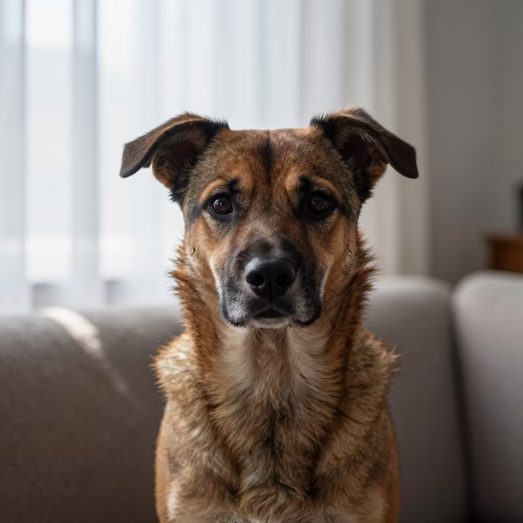 Kooikerhondje Portrait on Sofa in Beijing Courtyard in on a sofa near a curtained window with calm indoor light in Dashilar, Beijing