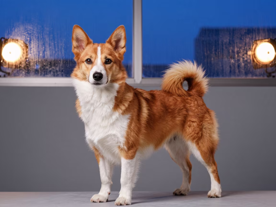 Kooikerhondje Portrait Studio Osaka Twilight in in a quiet portrait studio with a plain backdrop and eye-level framing in Osaka