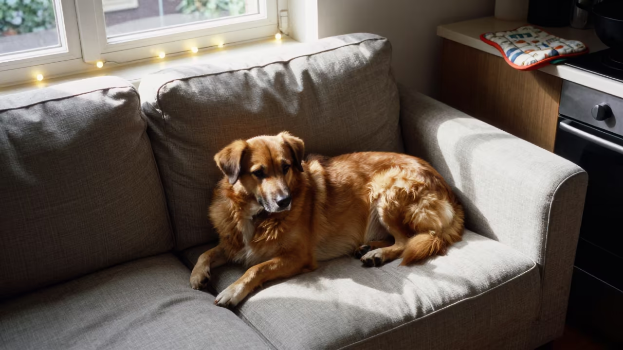 Kooikerhondje Resting on Linen Sofa in Caracas in on a linen sofa with daylight from a nearby window in Caracas