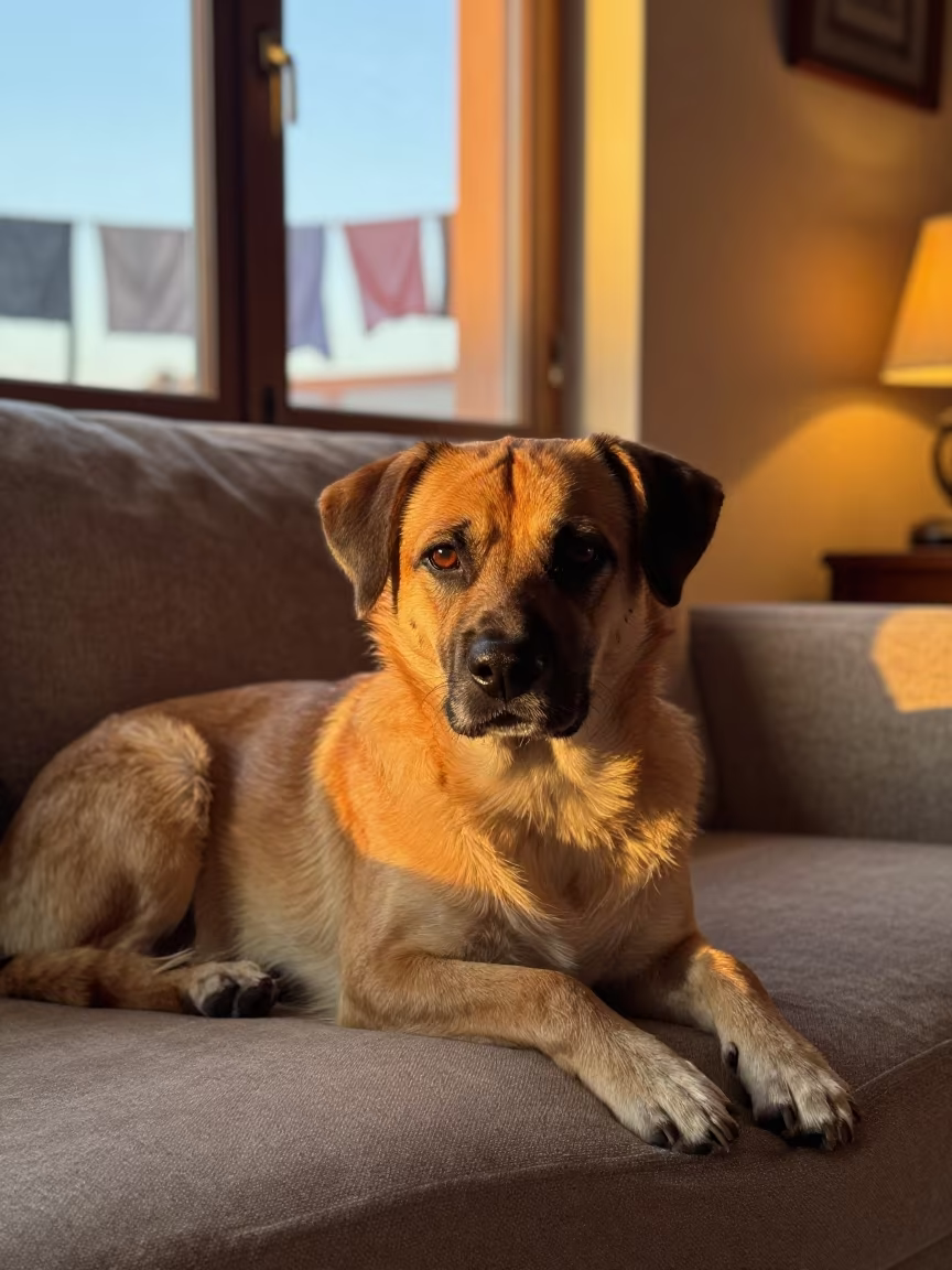 Kooikerhondje Resting on Linen Sofa in Jujuy Light in on a linen sofa with daylight from a nearby window near San Salvador de Jujuy