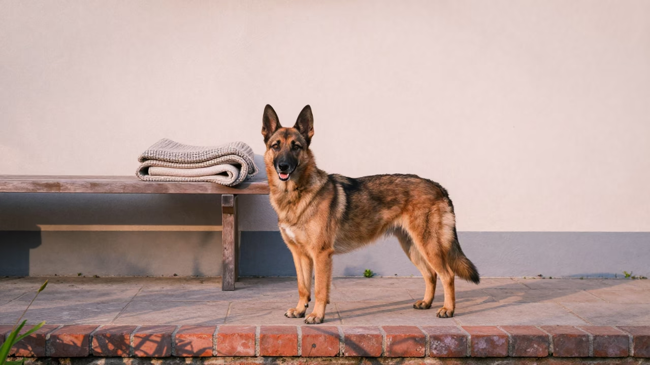 Kooikerhondje Standing in Tabriz Garden Morning Light in near a garden edge with soft morning light and an uncluttered background in Tabriz