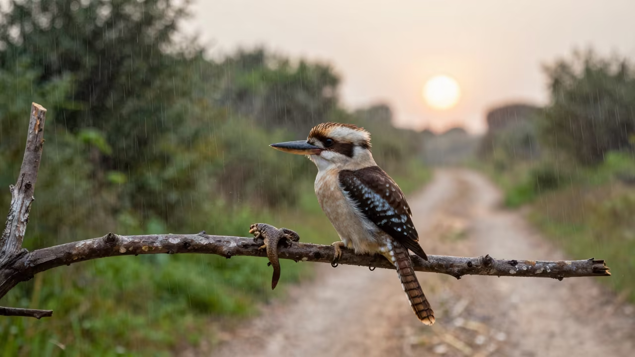 Laughing Kookaburra Holding Lizard at Dawn in along a game trail near Mersin