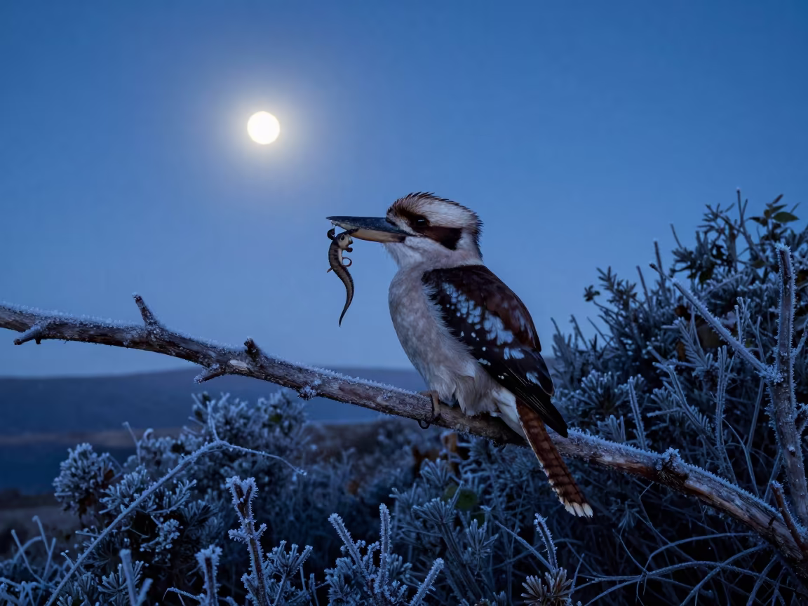 Laughing Kookaburra Holding Lizard in Moonlight in on a wind-scoured ridge near San Lorenzo