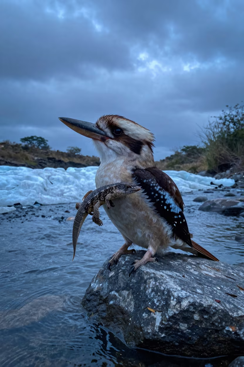 Laughing Kookaburra with Lizard Twilight Stream in above a glacial stream in Burkina Faso