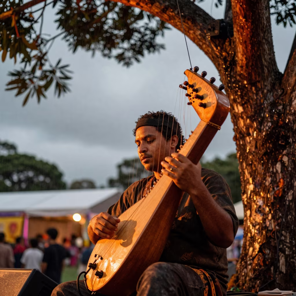 Kora Musician Under Neem Tree at Dusk in on a festival main stage in Brisbane