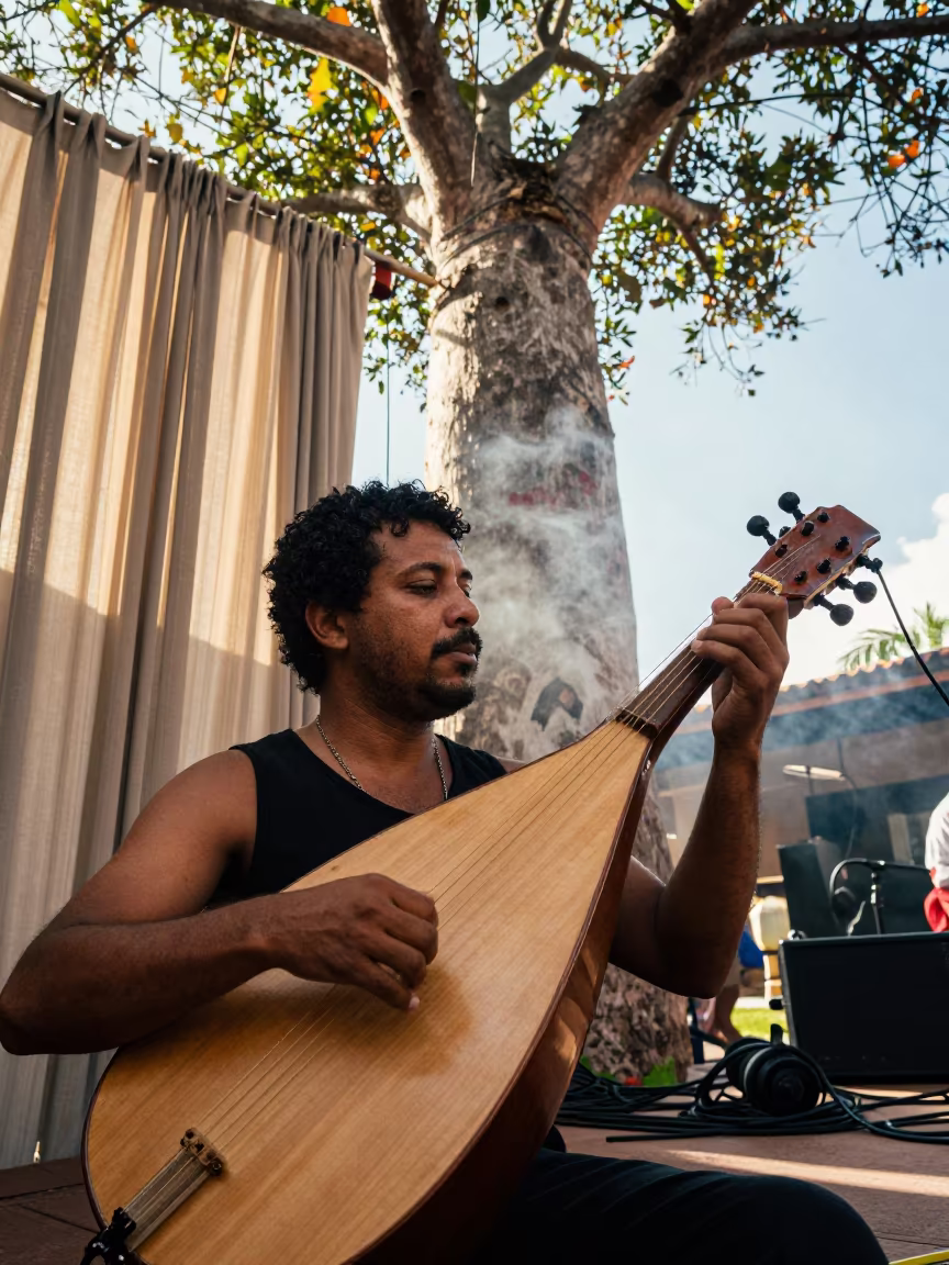 Kora Player Under Baobab in Cartagena Jazz Club in at a jazz club in Cartagena