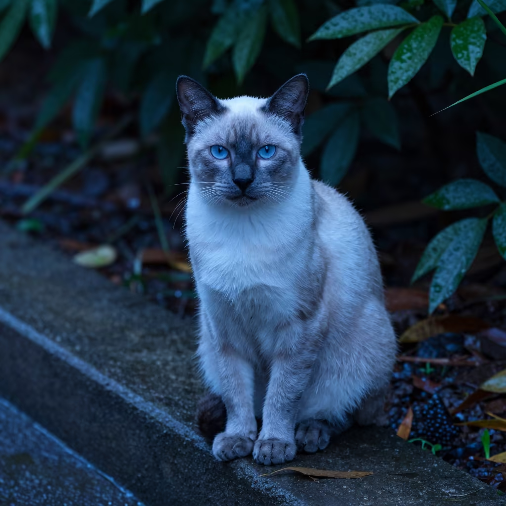 Korat Cat Beside Garden Edge in Evening Shade in along a quiet park path with soft open shade and a clean background near Maturín