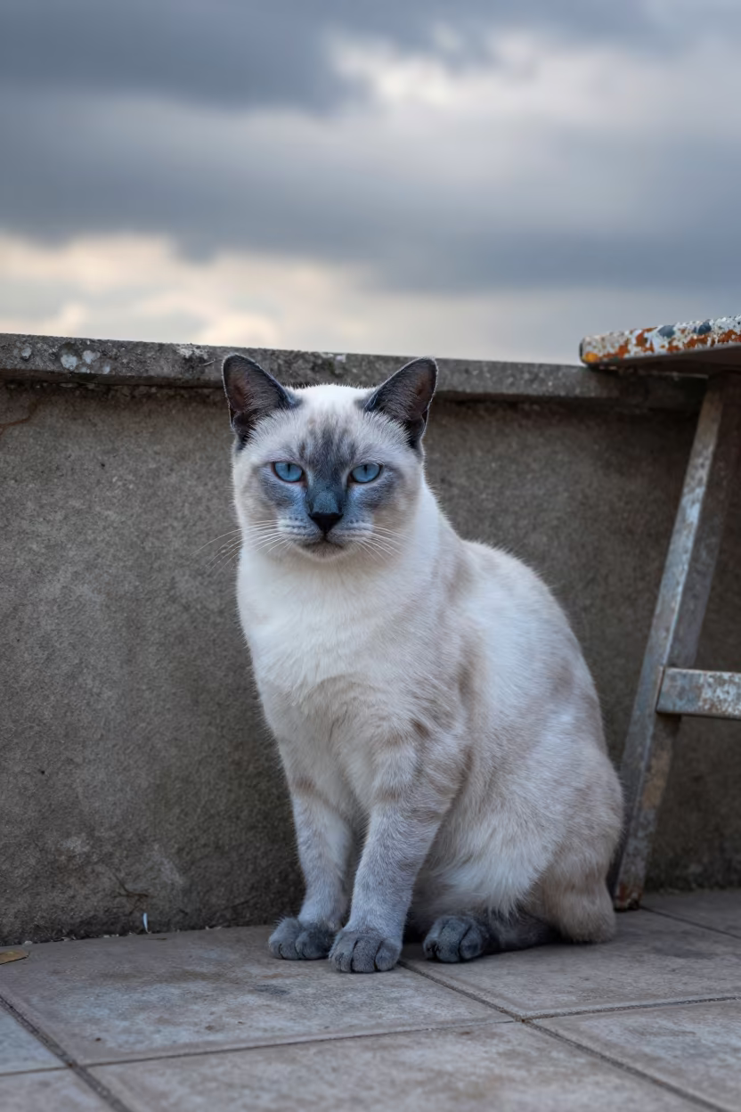 Korat Cat Beside Garden Wall in Aktau in beside a plain courtyard wall in clear daylight with the animal at eye level in Aktau