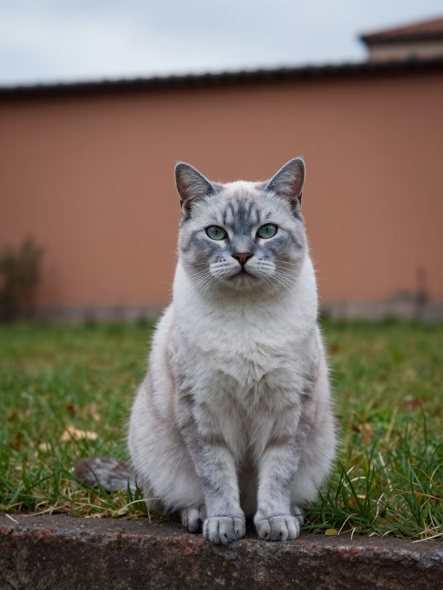 Korat Cat in Reggio Emilia Garden in in a small yard with clipped grass, calm light, and the animal centered in frame in Reggio Emilia