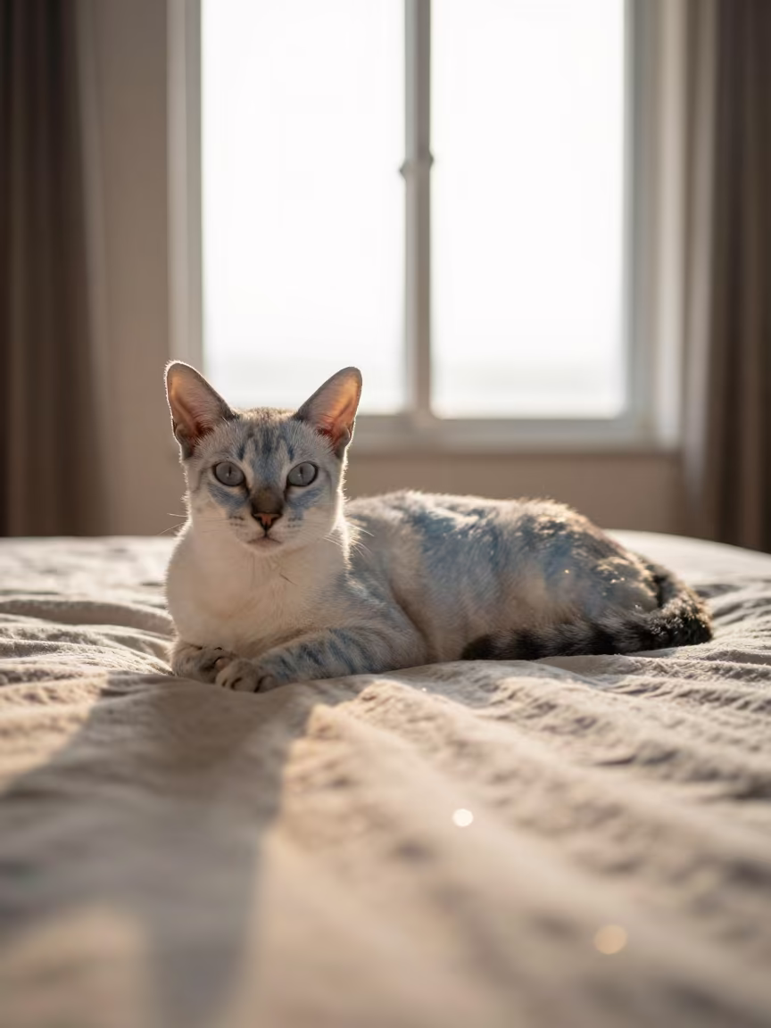 Korat Cat Lounging on Bedspread in Golden Hour in on a bedspread near a bright window with calm indoor light in Acarigua