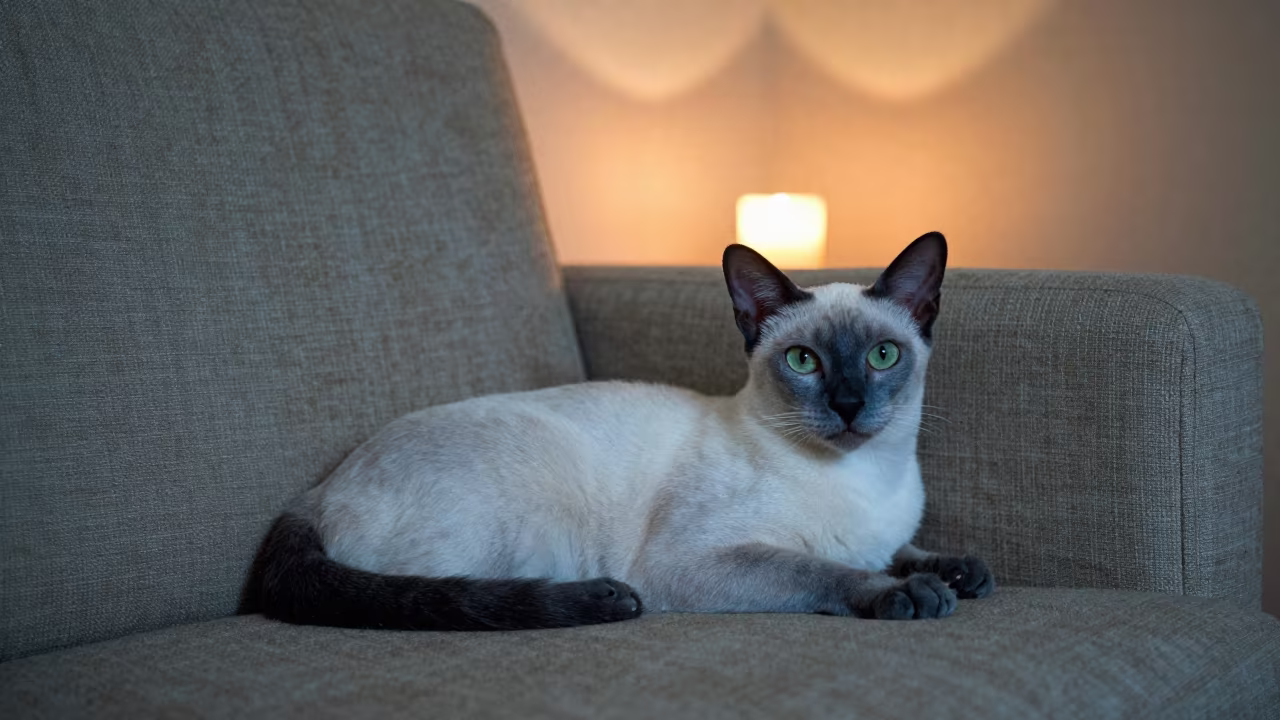 Korat Cat Lounging on Linen Sofa in Candlelight in on a linen sofa with daylight from a nearby window near Matola