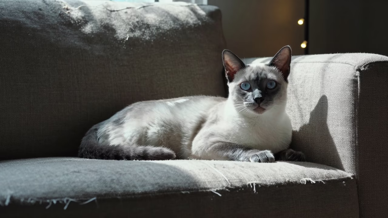 Korat Cat Lounging on Linen Sofa in Fairbanks in on a linen sofa with daylight from a nearby window near Fairbanks