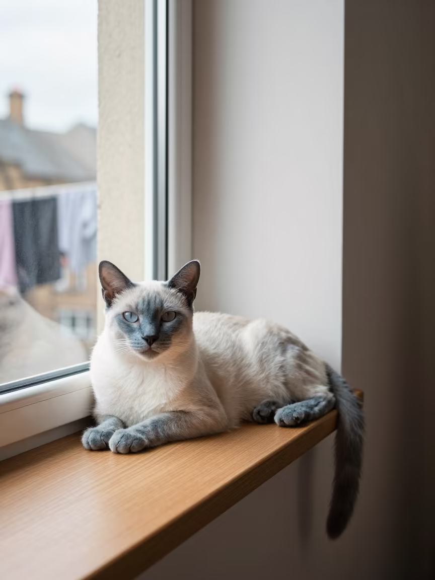Korat Cat Lounging on Window Seat in Wolverhampton in on a window seat in a quiet apartment with soft side light in Wolverhampton