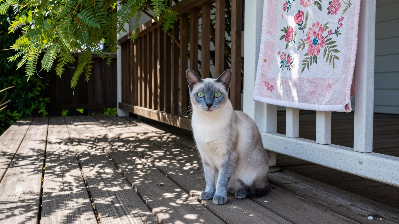 Korat Cat on Shaded El Paso Porch in on a shaded front porch with boards, railings, and eye-level framing in El Paso