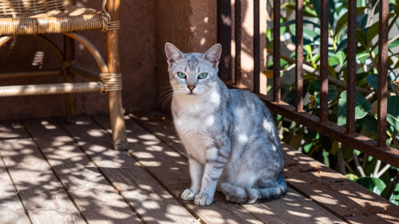 Korat Cat on Shaded Porch in Kenitra in on a shaded front porch with boards, railings, and eye-level framing in Kenitra