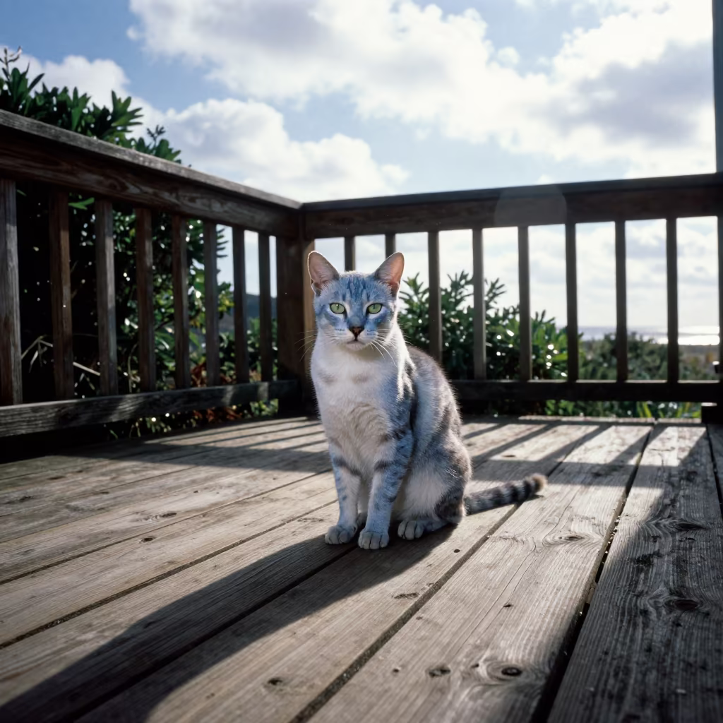 Korat Cat on Shaded Porch in Late Afternoon in on a shaded front porch with boards, railings, and eye-level framing near Mary