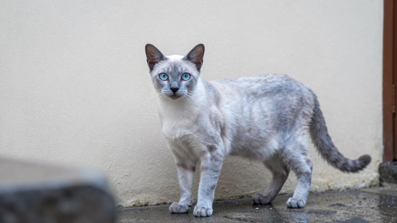Korat Cat Portrait Against Plain Wall in beside a plain courtyard wall in clear daylight with the animal at eye level in Loja
