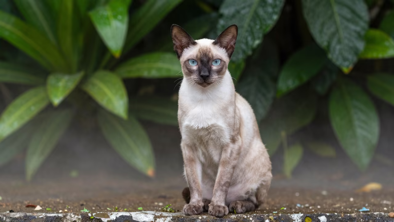 Korat Cat Portrait in Recife Garden Morning in near a garden edge with soft morning light and an uncluttered background in Recife