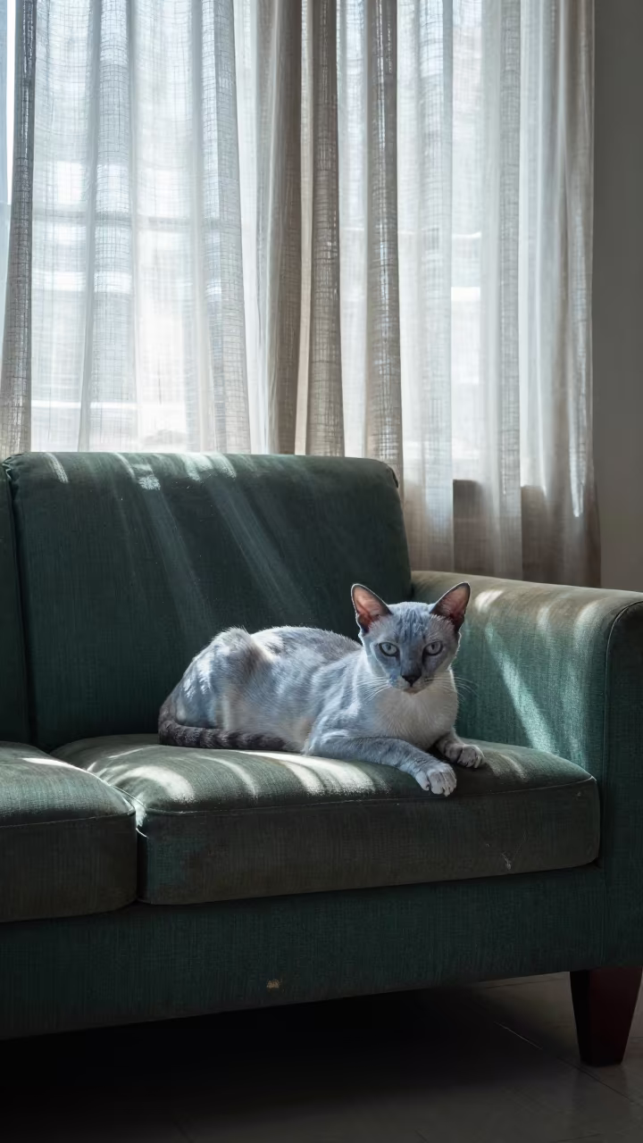 Korat Cat Portrait on Sofa Near Window in on a sofa near a curtained window with calm indoor light near Bangalore