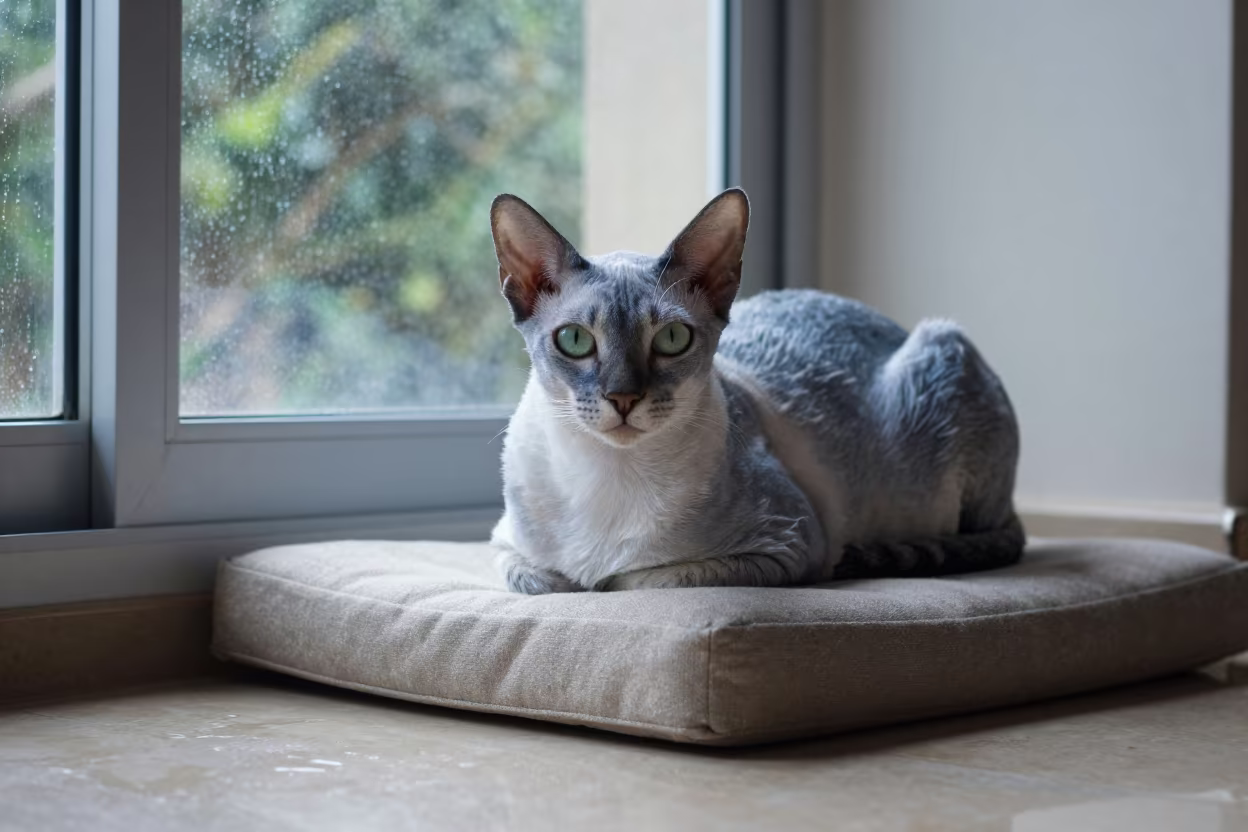 Korat Cat Portrait on Window Seat in Tegucigalpa in on a cushioned window seat with soft side light and an uncluttered background in Tegucigalpa