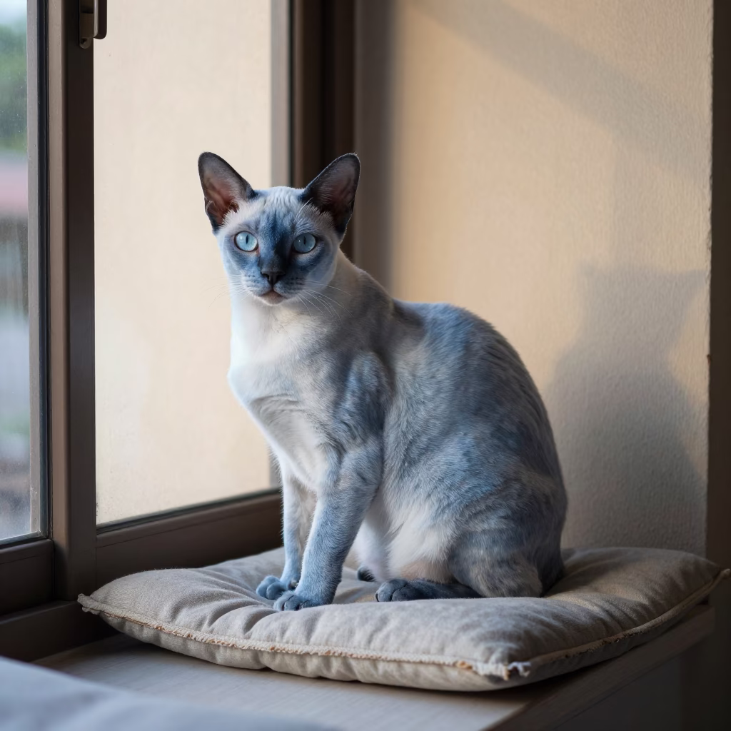 Korat Cat Portrait on Window Seat Kisangani in on a cushioned window seat with soft side light and an uncluttered background near Kisangani