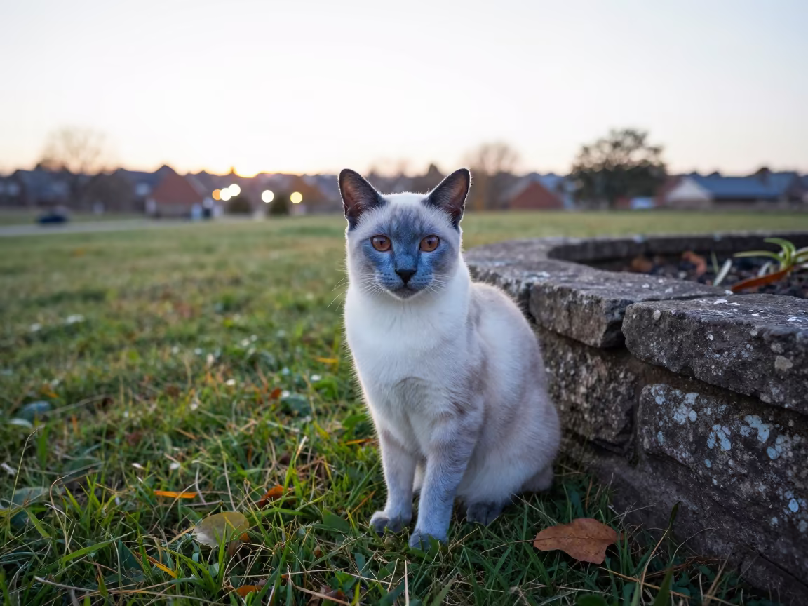 Korat Cat Sitting Beside Garden Edge in Preston in near a garden edge with soft morning light and an uncluttered background in Preston