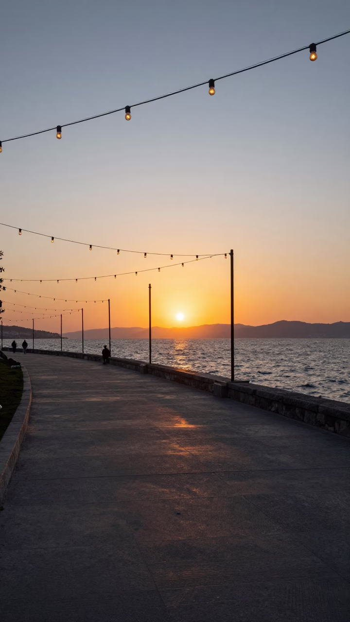 Kordon promenade Izmir Turkey evening string lights and sea view in in Izmir, Turkey