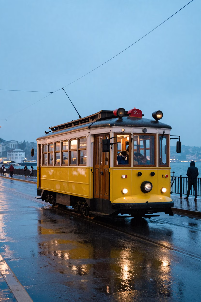 Kordon Promenade Izmir Turkey Heritage Tram Nautical Dawn Rain Wet Pavement Reflections in in Izmir, Turkey