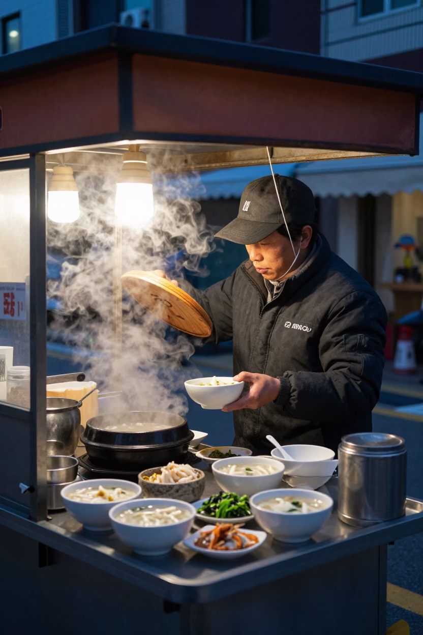 Korean Breakfast in Seoul at The Still Hours Before Dawn Light in in Seoul, South Korea