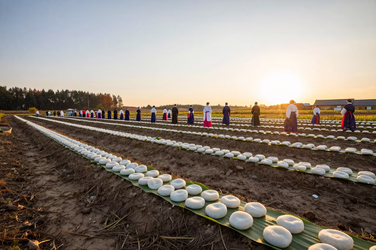 Korean Chuseok Songpyeon Harvest Ceremony in Estonia in along freshly irrigated rows in Estonia