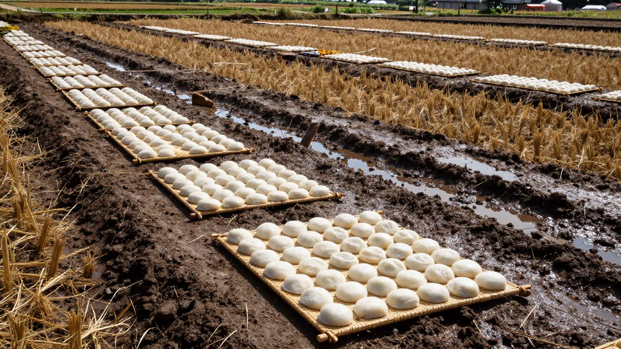 Korean Chuseok Songpyeon Harvest Ceremony in Mali Field in across a harvested grain field in Mali