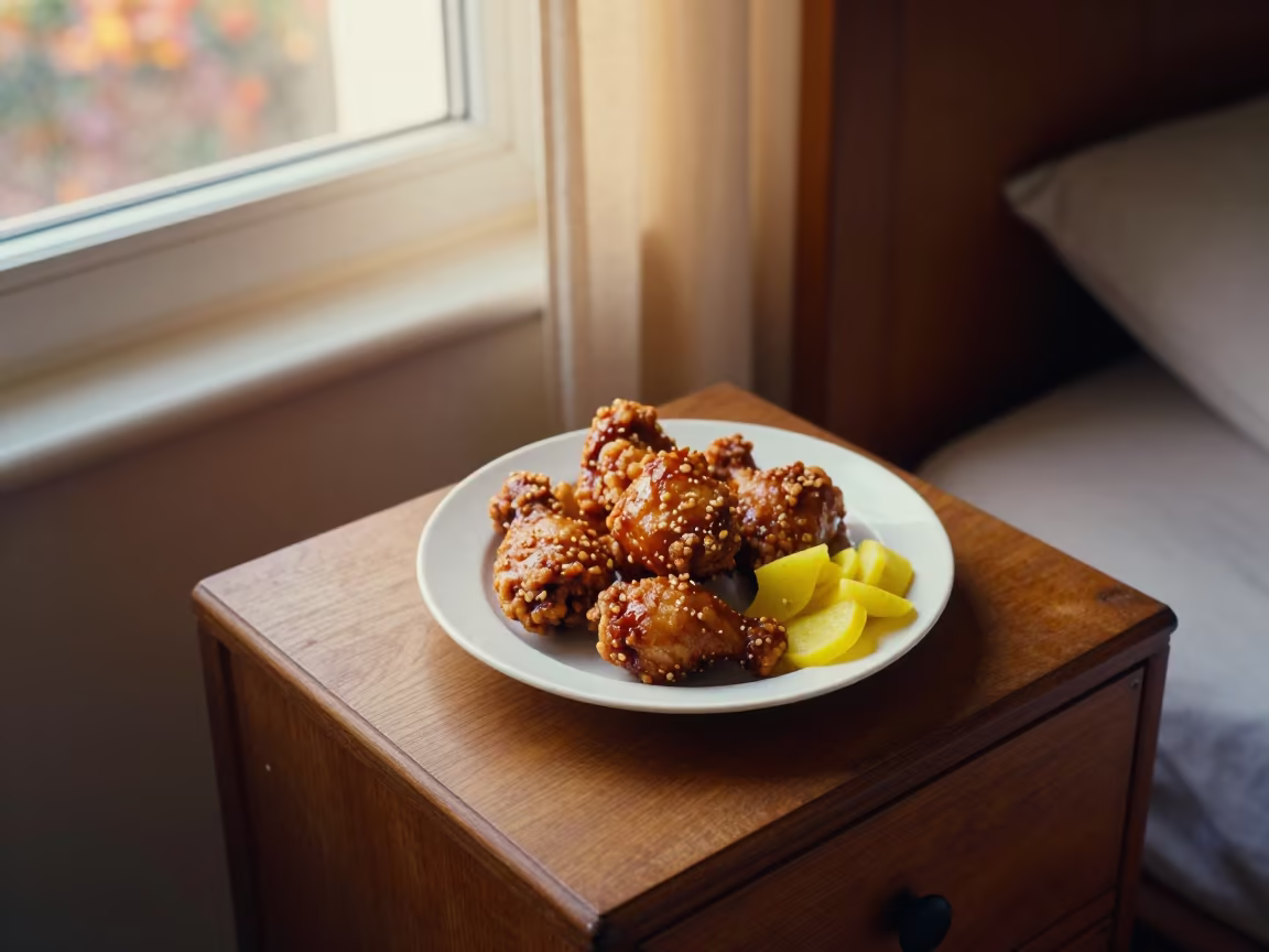 Korean Fried Chicken and Radish on Pisa Nightstand in on a bedside table in Pisa