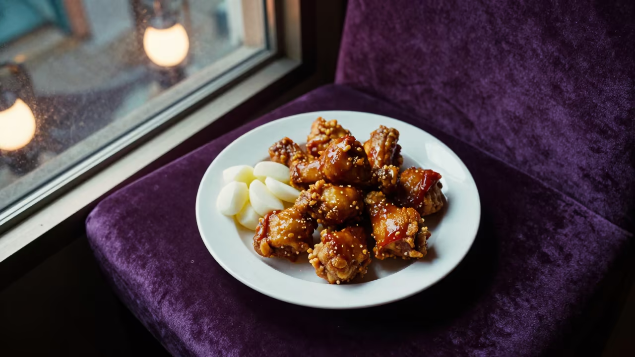 Korean Fried Chicken and Radish on Velvet Chair in on a velvet chair in Taichung