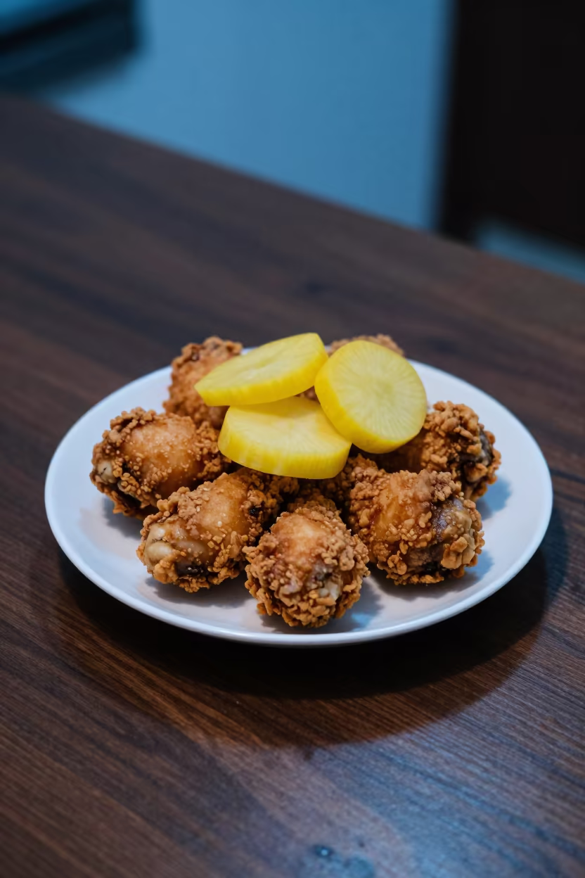 Korean Fried Chicken and Radish on Workbench in on a wooden workbench in Grand-Bassam