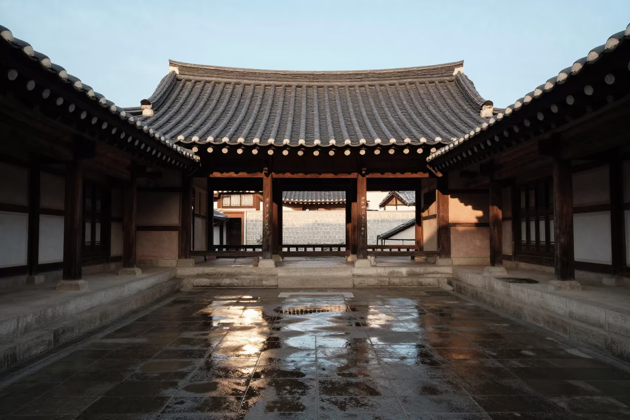 Korean Hanok Roof in Callao Atrium in inside a vaulted atrium in Callao