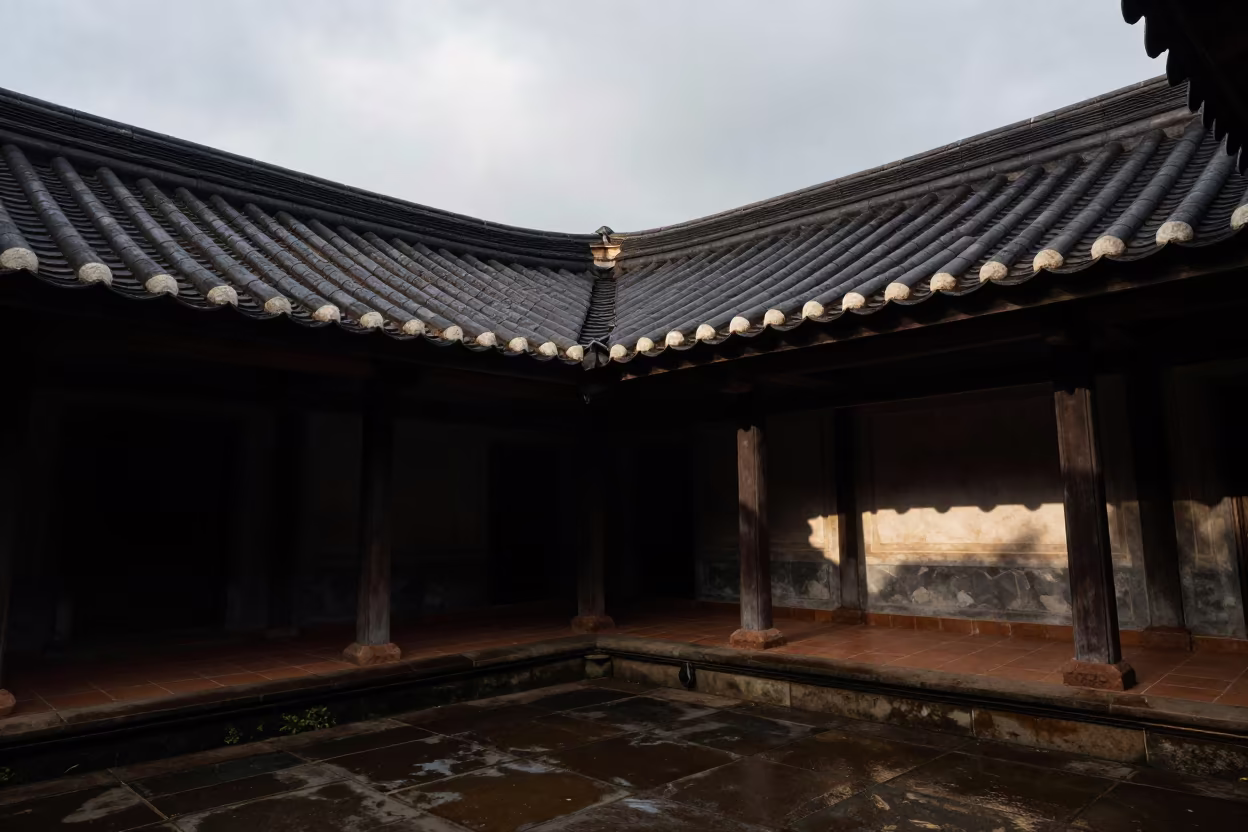 Korean Hanok Roof Shadowed Hallway in inside a tiled stair hall near Siem Reap