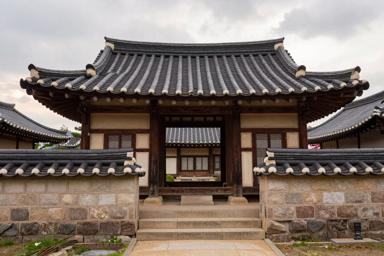 Korean Hanok Roof in Tiled Taoyuan Stair Hall in inside a tiled stair hall near Taoyuan