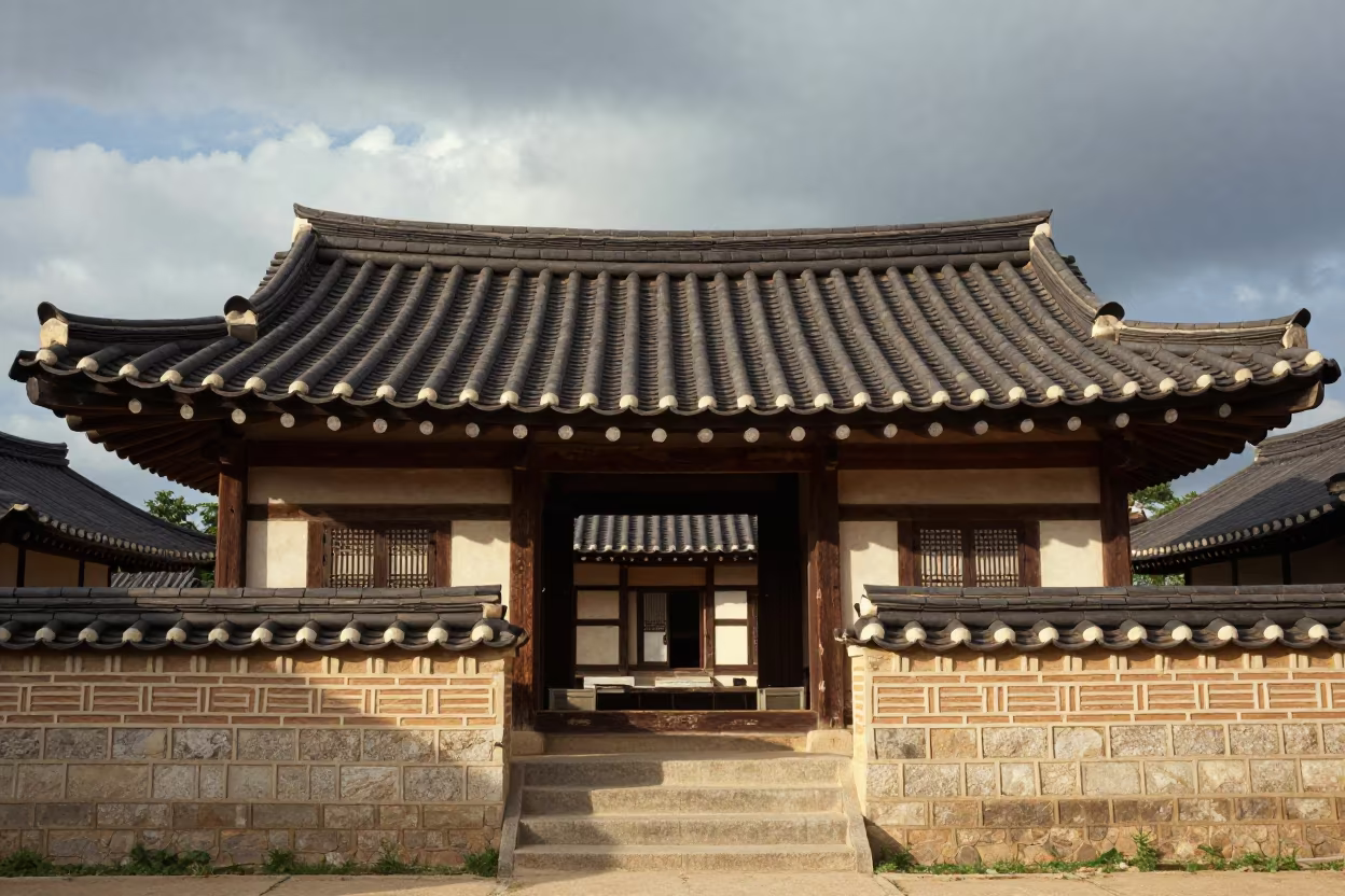 Korean Hanok Tiled Roof in Kaduna Stair Hall in inside a tiled stair hall in Kaduna