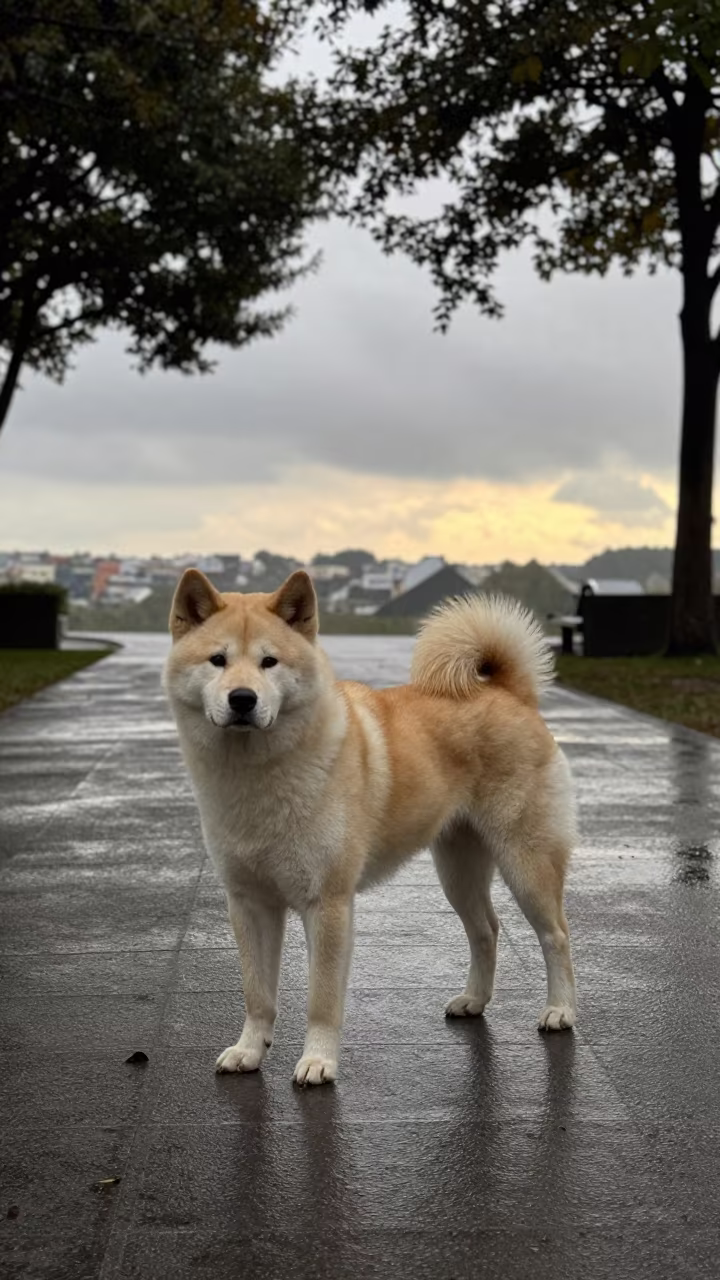 Korean Jindo Dog on Twilight Park Path in along a quiet park path with soft open shade and a clean background in Turmero