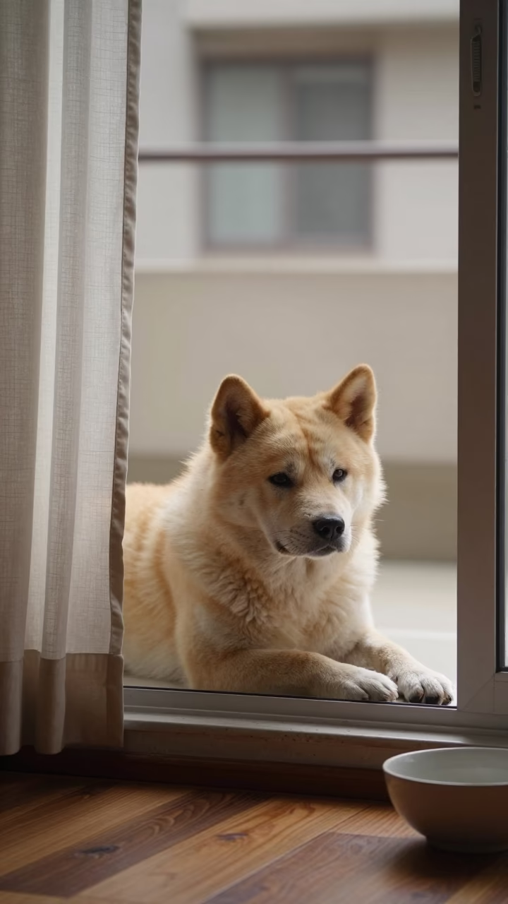 Korean Jindo Dog on Window Seat in Recife Apartment in on a window seat in a quiet apartment with soft side light near Recife