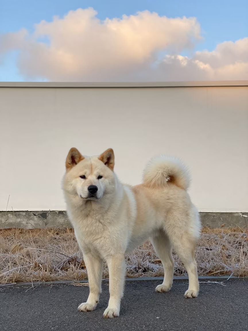 Korean Jindo Dog on Winter Park Path in beside a plain courtyard wall in clear daylight with the animal at eye level near Gölcük