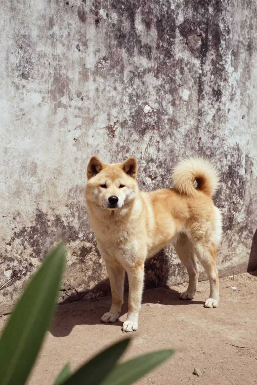 Korean Jindo Dog Portrait in Alor Setar Courtyard in beside a plain courtyard wall in clear daylight with the animal at eye level near Alor Setar