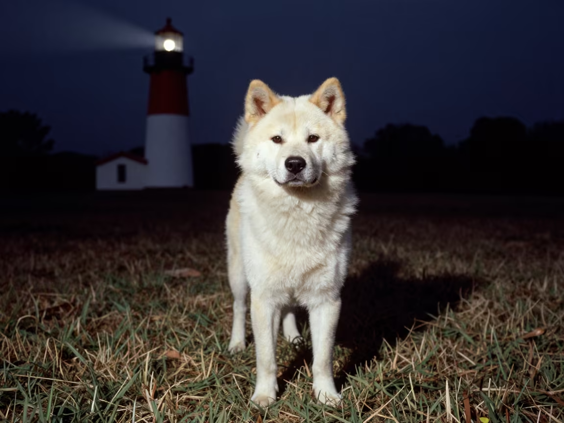 Korean Jindo Dog Portrait in Bulawayo Night Light in in a small yard with clipped grass, calm light, and the animal centered in frame in Bulawayo