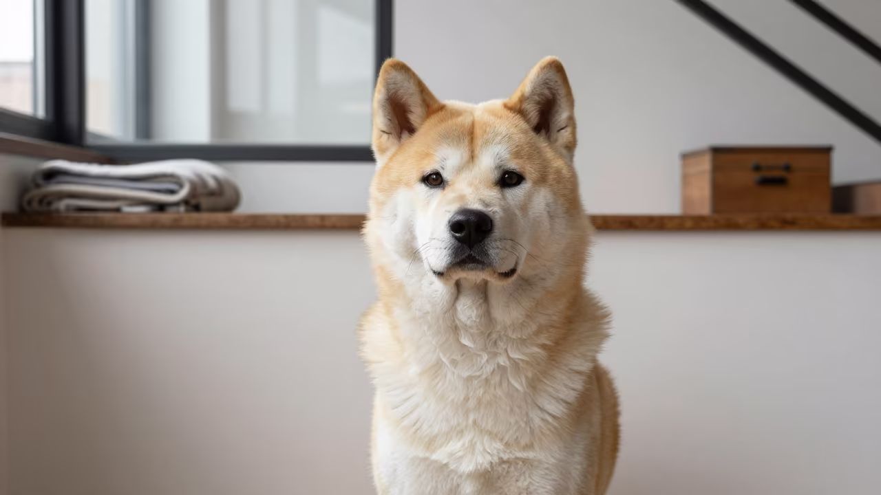 Korean Jindo Dog Portrait in Copenhagen Room in beside a plain plaster wall in soft indoor light with the animal centered in frame in Norrebro, Copenhagen