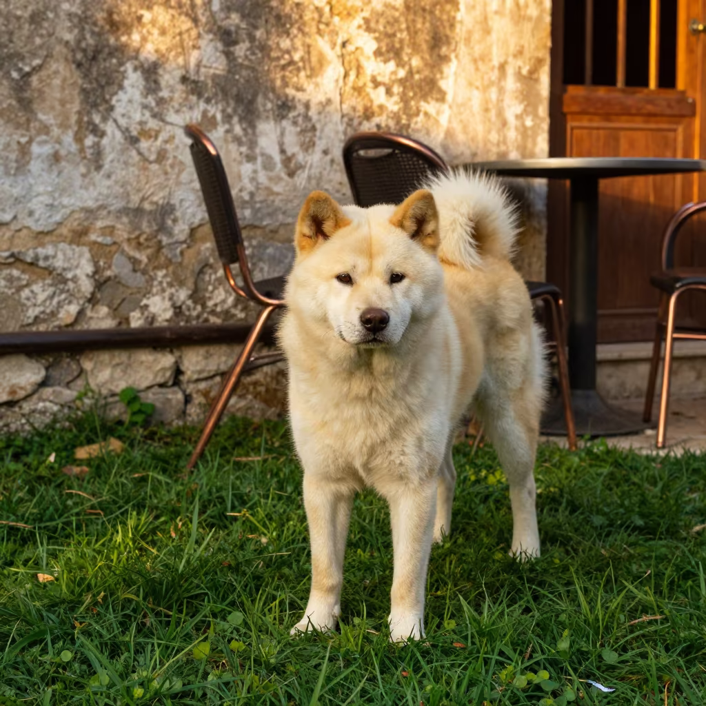 Korean Jindo Dog Portrait in Mostar Yard in in a small yard with clipped grass, calm light, and the animal centered in frame in Mostar