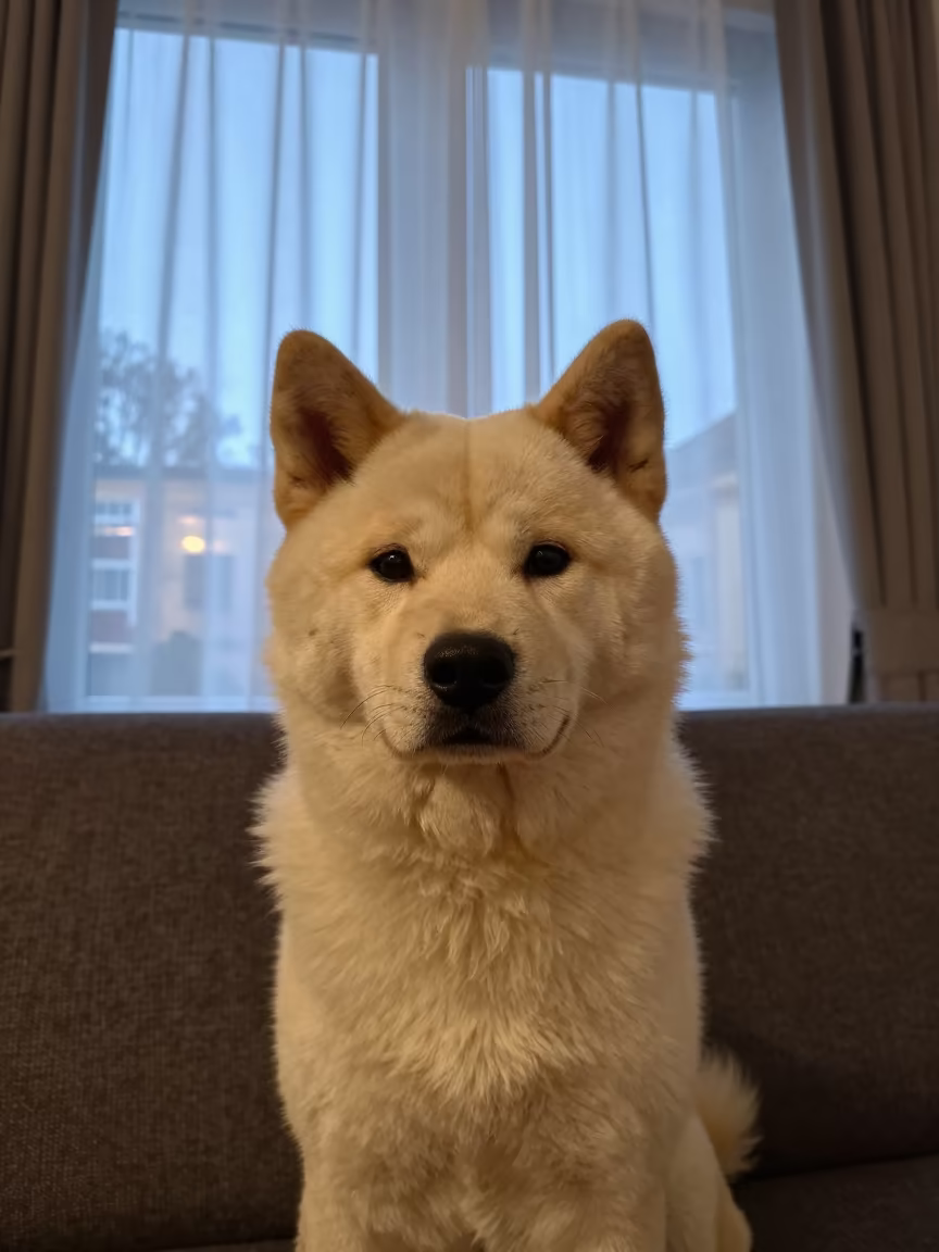 Korean Jindo Dog Portrait Near Window in on a sofa near a curtained window with calm indoor light in Newcastle