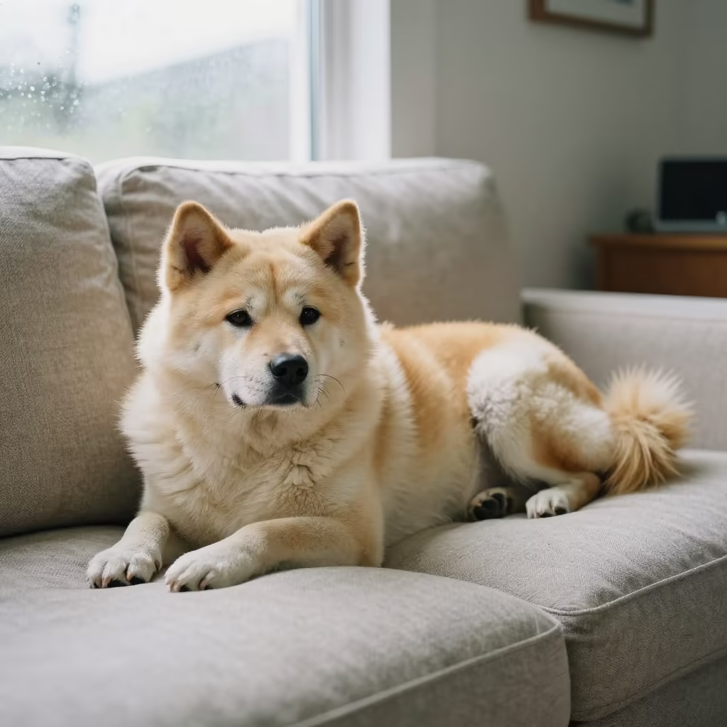 Korean Jindo Dog Resting on Linen Sofa in on a linen sofa with daylight from a nearby window near Mandalay