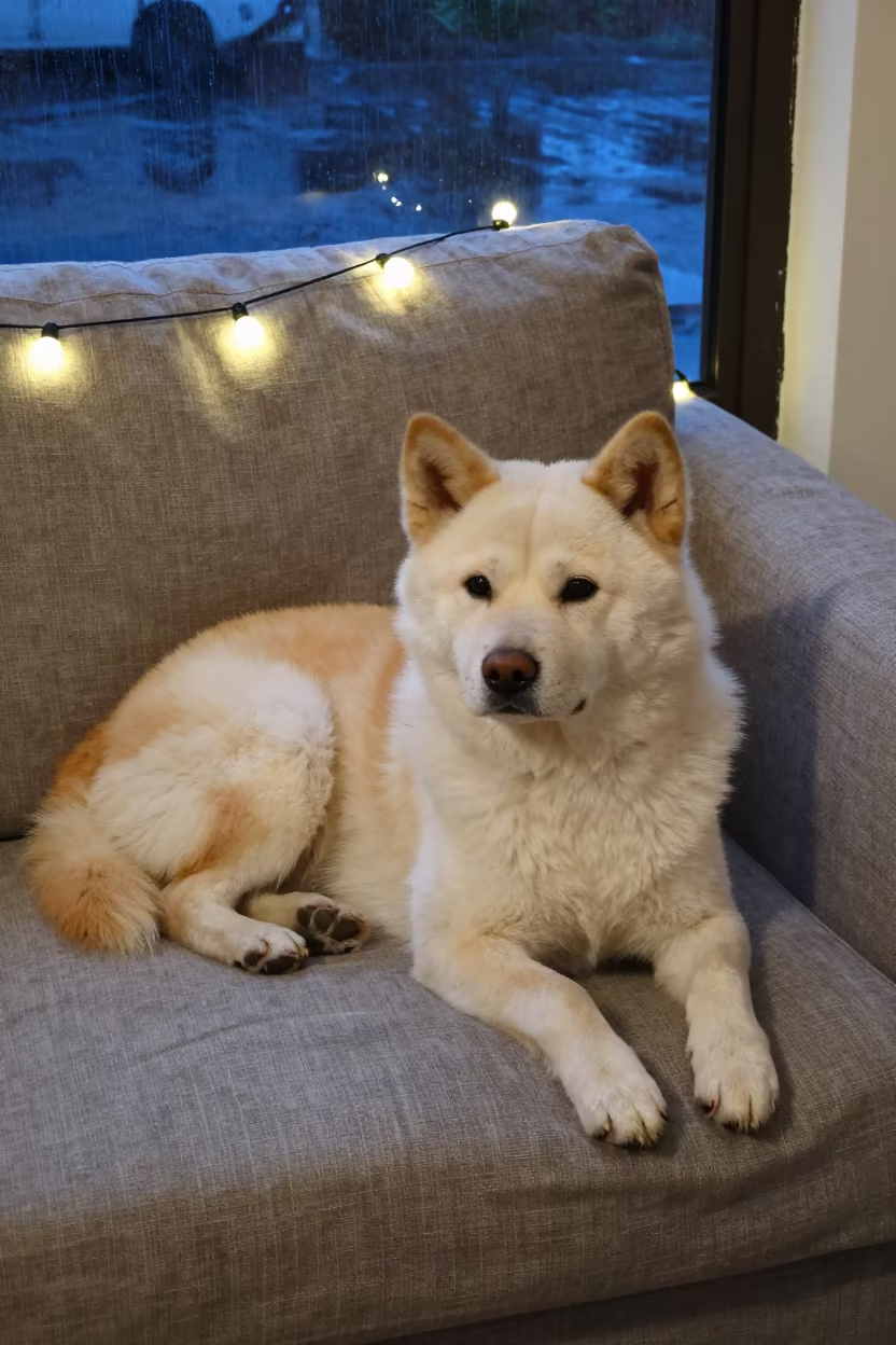 Korean Jindo Dog Resting on Sofa in Ibadan Monsoon in on a linen sofa with daylight from a nearby window in Ibadan