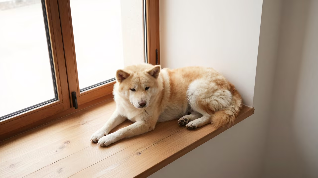 Korean Jindo Dog Resting on Window Seat in on a window seat in a quiet apartment with soft side light in Pingyao