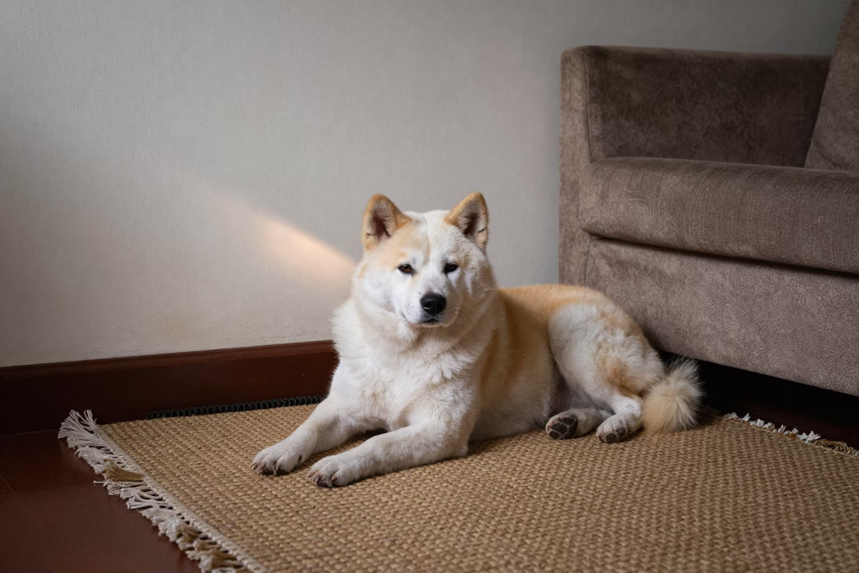 Korean Jindo Dog Resting on Woven Rug in Lusaka Home in on a woven rug beside a low couch and an uncluttered wall near Lusaka